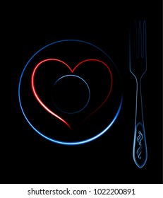 Greeting card on black background, vector image, eps10, plate, fork, heart on dish, neon light, congratulation, on Valentine's day