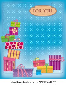 Greeting card on a blue background with polka dots.  Gifts and purchases.