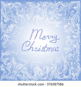 Greeting card on blue background with frozen window pattern. Handwritten merry Christmas. 
