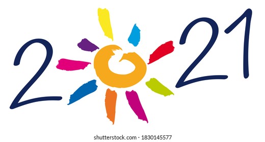 Greeting card on the concept of hope and optimism for the year 2021, with a multicolored rays sun, instead of zero.