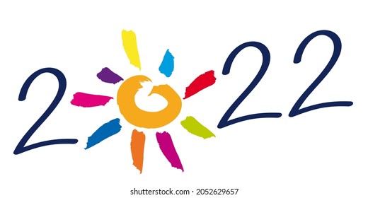 Greeting card on the concept of hope and optimism for the year 2022, with a multicolored rays sun, instead of zero.