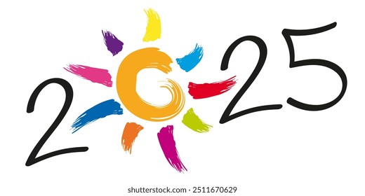 Greeting card on the concept of hope and optimism for the year 2025, with the symbol of a multi-colored sun rays.