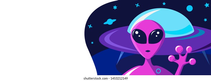 Greeting card on a fantasy space theme with a portrait of a purple alien and flying saucer ship.Spacecraft on the planet, starry sky of the galaxy. vector illustration. Invitation to zone 51.