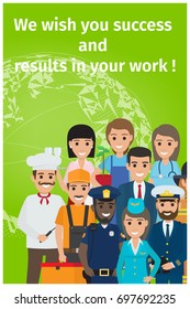 Greeting card on green background. Vector illustration of gardener and mariner, stewardess nurse, policeman and builder, chief, fireman businessman.