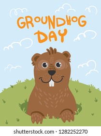 Greeting Card On Groundhog Day. An Animal. A Ferret. A Cheerful Look Out Of A Mink. Cartoon Style. Spring Sky Grass. From The Fossa On The First Day Of Spring Plus Handwritten Text Cute Gopher