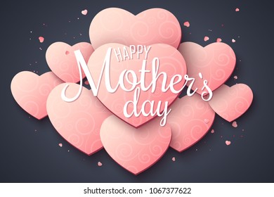 Greeting card on Happy Mother's Day. Pimk hearts with pattern . Luxurious background. Calligraphic text. Romantic love composition. Vector illustration. EPS 10