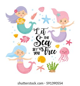 Greeting card on the marine theme. Cute mermaids, seashells, marine animals. Hand drawn lettering. "Let the Sea set me Free" inspirational messages. 