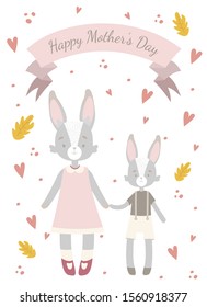 Greeting card on Mother's Day. Mom a bunny in a pink dress holds the hand of a bunny son. On the card is a banner with a congratulation: Happy Mother's Day. 