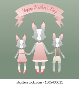 Greeting card on mother's den. Mom a bunny in a pink dress holds the hand of a bunny son and a bunny daughter. On the card is a banner with a congratulation: Happy Mother's Day. Gradient postcard.