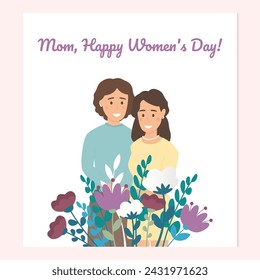 Greeting card on a pink background, playbill, poster, congratulations for mother on Women's Day, daughter hugging mother