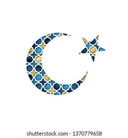 Greeting card on Ramadan Kareem. Colorful crescent and star with traditional islamic pattern in paper cut style. Religion Holy Month.
