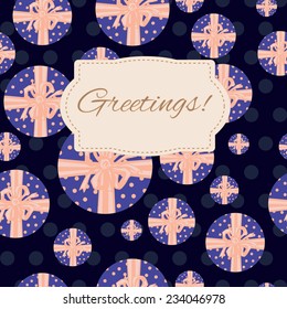 Greeting card on seamless background with present boxes. Clipping mask is used, vector illustration. 