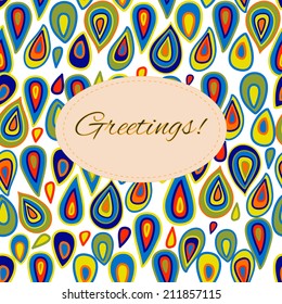 Greeting card on a seamless pattern background with hand drawn colorful raindrops, clipping mask is used, vector illustration