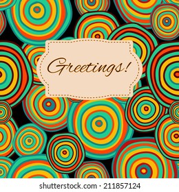 Greeting card on a seamless pattern background with hand drawn circles, clipping mask is used, vector illustration