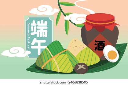 Greeting card on the theme of Dragon Boat Festival traditional snack Zongzi, Chinese characters Happy Dragon Boat Festival and realgar wine