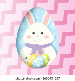 Greeting card on the theme of Easter. White rabbit holds easter eggs. Paper effect. Vector illustration.
