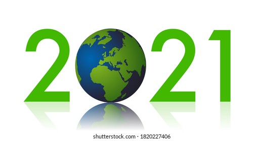 Greeting card on the theme of environmental protection and the fight against global warming, showing a terrestrial globe instead of zero from 2021.