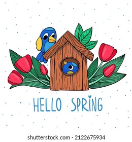 greeting card on the theme Hello spring. Two blue birds on a birdhouse. tulips are growing all around