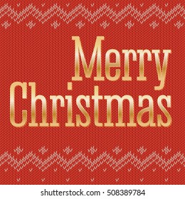 Greeting card on the traditional, classic knitted red background. Gold, yellow metal letters Merry Christmas with reflections and glare.