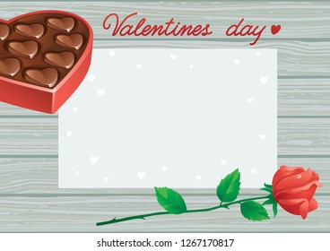 Greeting card on Valentine's Day. Vector illustration of Open box of candy heart, red rose and empty blank on light rustic wooden background