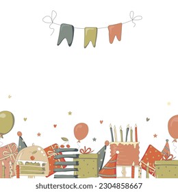Greeting card on a white background. Cakes, gifts, candles, balls, flags, tape for inscriptions, party caps. A set of items for the holiday. Vector illustration.