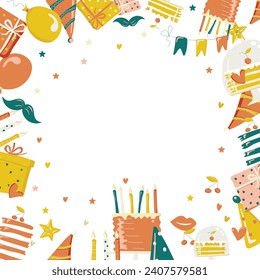 Greeting card on a white background. Cakes, gifts, candles, balls, flags, tape for inscriptions, party caps. A set of items for the holiday. Vector illustration.