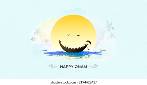 Greeting card for Onam festival, Boat racing design. Happy Onam text with boat and river background.