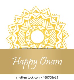 Greeting card of Onam holiday. Golden mandala on white background. Vector illustration