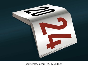 Greeting card with an open book on a double white page, to present the year 2024.