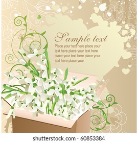 Greeting card with open box full of snowdrops