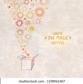 Greeting card with open gift box full of stars on vintage background. Vector illustration.