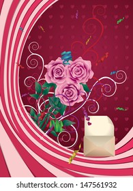 Greeting card with opened envelope and pink roses on dark pink background.