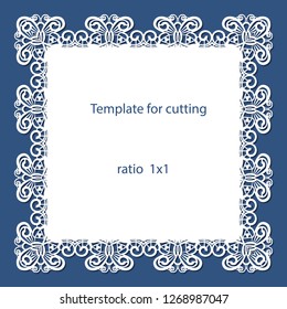 Greeting card with openwork border, paper doily under the cake, template for cutting, wedding invitation, decorative plate is laser cut, vector illustrations.