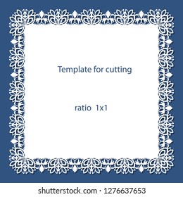 Greeting card with openwork border, paper doily under the cake, template for cutting, wedding invitation, decorative plate is laser cut, vector illustrations.