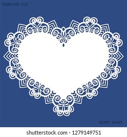 Greeting card with openwork border, paper doily under the cake, template for cutting in the form of heart, valentine card,  wedding invitation, decorative plate is laser cut,  vector illustrations.