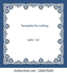 Greeting card with openwork border, paper doily under the cake, template for cutting, wedding invitation, decorative plate is laser cut, vector illustrations.