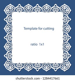 Greeting card with openwork border, paper doily under the cake, template for cutting, wedding invitation, decorative plate is laser cut, vector illustrations.