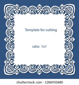 Greeting card with openwork border, paper doily under the cake, template for cutting, wedding invitation, decorative plate is laser cut, vector illustrations.