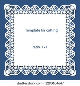 Greeting card with openwork border, paper doily under the cake, template for cutting, wedding invitation, decorative plate is laser cut, vector illustrations.