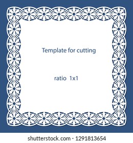 Greeting card with openwork border, paper doily under the cake, template for cutting, wedding invitation, decorative plate is laser cut, vector illustrations.