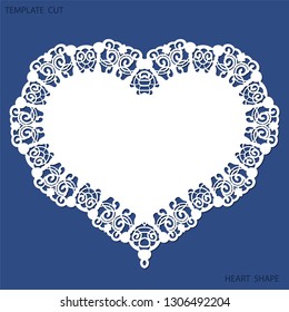 Greeting card with openwork border, paper doily under the cake, template for cutting in the form of heart, valentine card,  wedding invitation, decorative plate is laser cut,  vector illustrations.