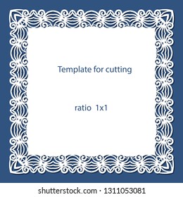 Greeting card with openwork border, paper doily under the cake, template for cutting, wedding invitation, decorative plate is laser cut, vector illustrations.