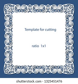 Greeting card with openwork border, paper doily under the cake, template for cutting, wedding invitation, decorative plate is laser cut, vector illustrations.