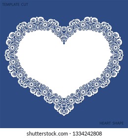 Greeting card with openwork border, paper doily under the cake, template for cutting in the form of heart, valentine card,  wedding invitation, decorative plate is laser cut,  vector illustrations.