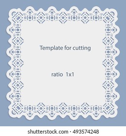Greeting card with openwork border, paper doily under the cake, template for cutting, wedding invitation, decorative plate is laser cut, vector illustrations.