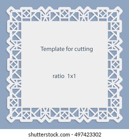 Greeting card with openwork border, paper doily under the cake, template for cutting, wedding invitation, decorative plate is laser cut, frame with lace edge, vector illustrations.