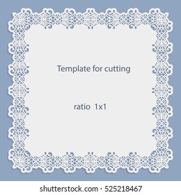 Greeting card with openwork border, paper doily under the cake, template for cutting, wedding invitation, decorative plate is laser cut, frame with lace edge, vector illustrations.