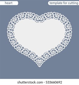 Greeting card with openwork border, paper doily under the cake, template for cutting in the form of heart, valentine card, decorative plate is laser cut,  vector illustrations.