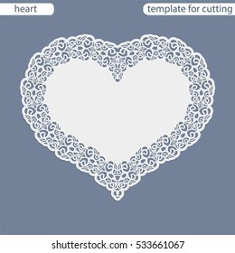 Greeting card with openwork border, paper doily under the cake, template for cutting in the form of heart, valentine card, decorative plate is laser cut,  vector illustrations.