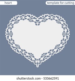 Greeting card with openwork border, paper doily under the cake, template for cutting in the form of heart, valentine card, decorative plate is laser cut,  vector illustrations.